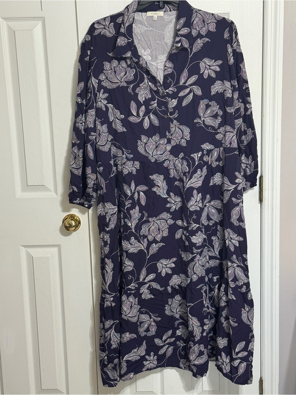 Angels Navy Floral Long-Sleeve Button-Front Dress